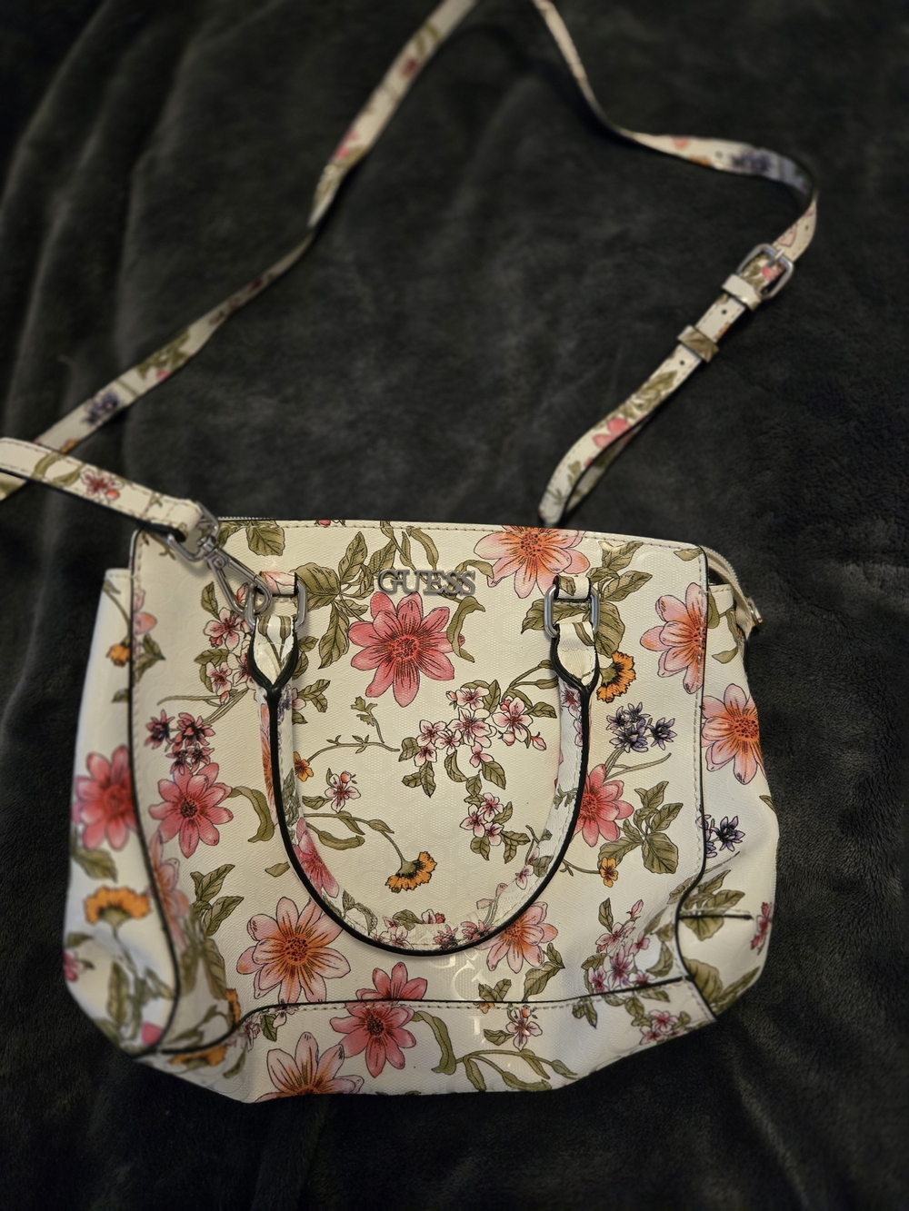 Floral Print Women’s Satchel Bag - Cream with Pink Flowers